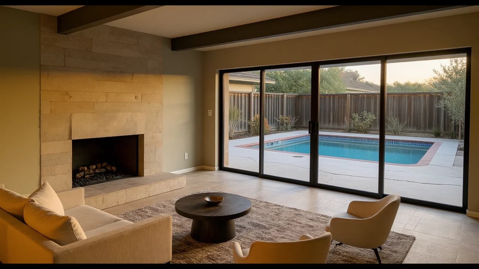 Modern living room concept with pocket doors opening to a pool patio