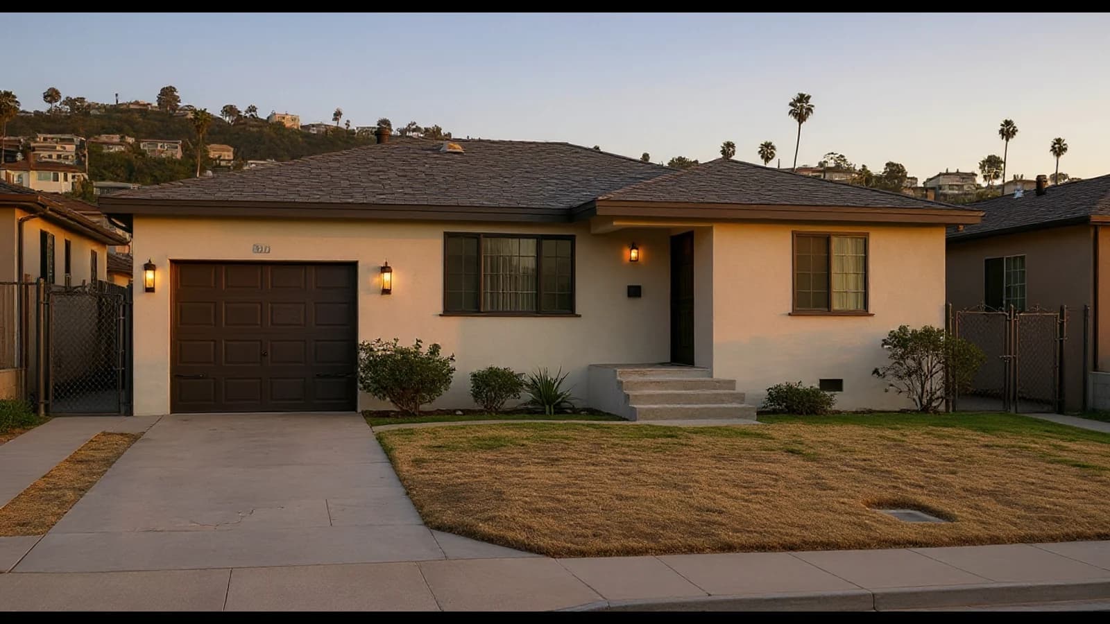 Modern Southern California entry concept with layered planting, warm exterior lighting, and a refined facade
