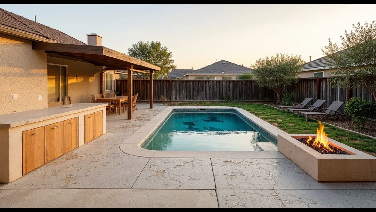 Modern resort backyard concept with a pool, fire feature, outdoor kitchen, dining area, and lush planting