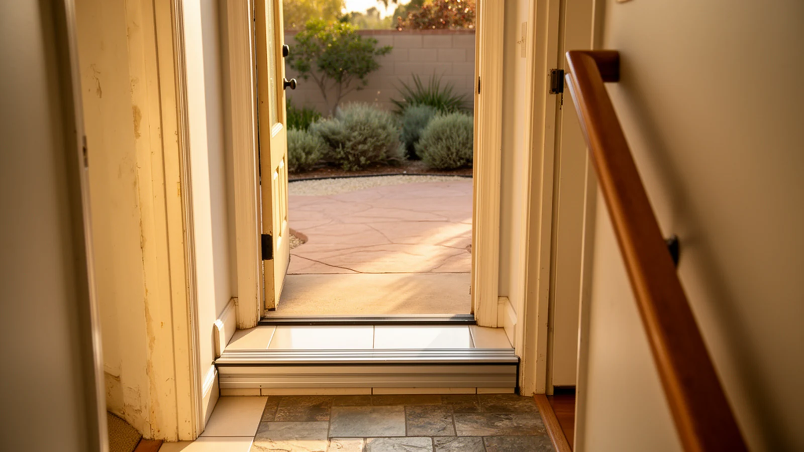 Existing interior hall concept leading toward a raised patio threshold