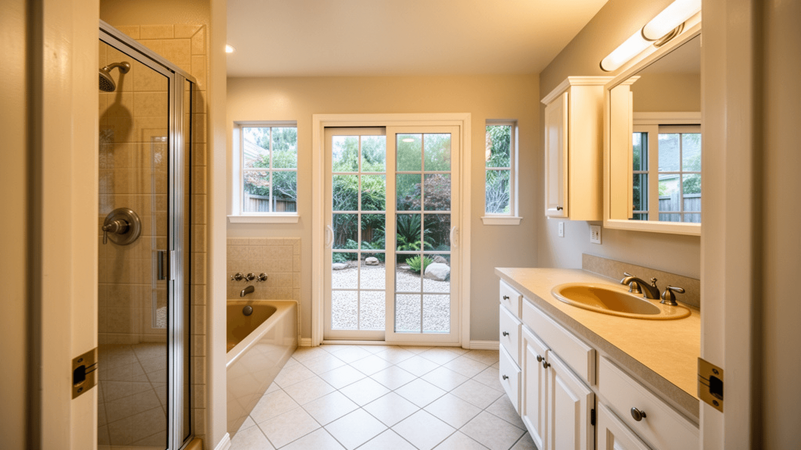 Existing primary suite concept looking through the bath zone toward a garden