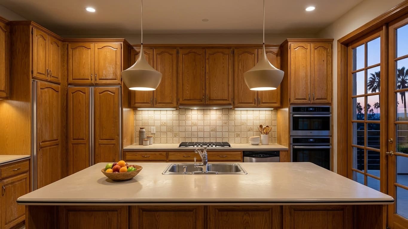 Dated kitchen viewed from the living area toward a closed terrace connection