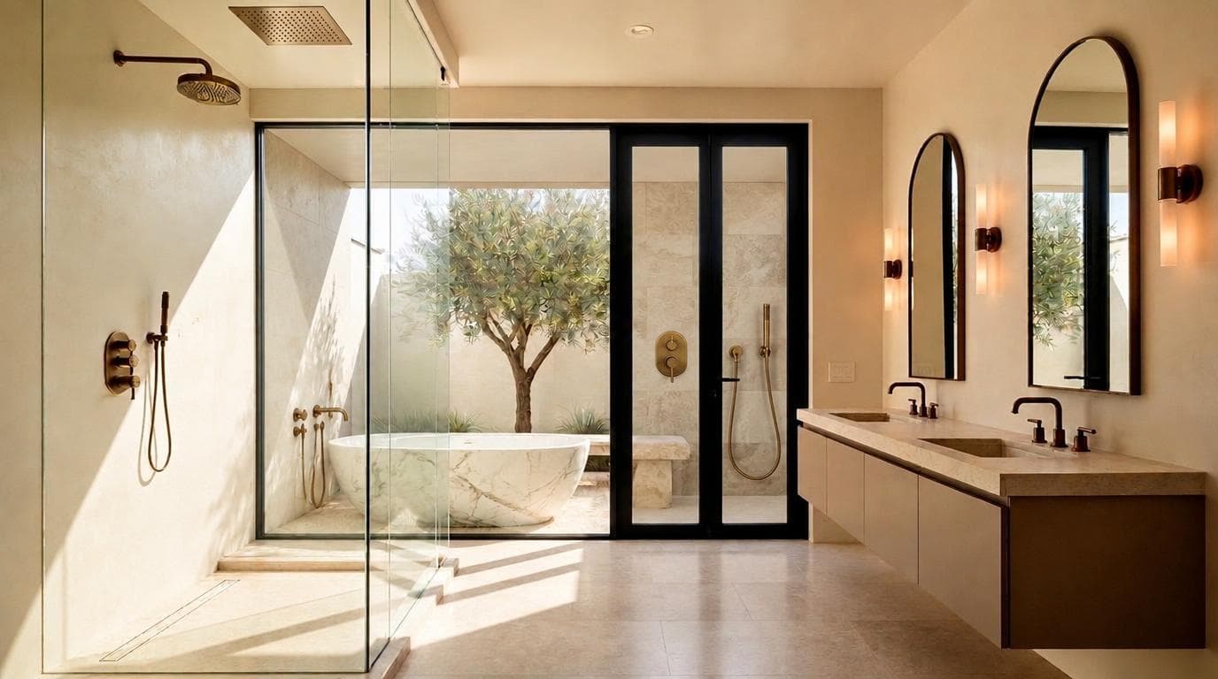 Modern primary suite concept with a spa-like bath zone opening toward a landscaped garden
