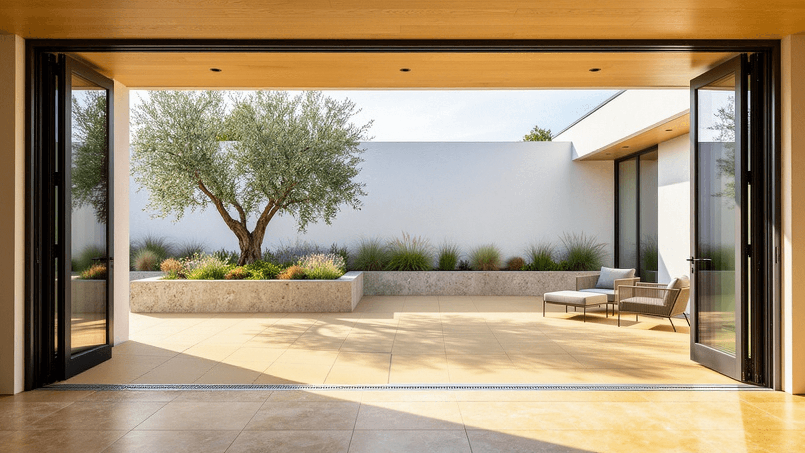 Refined accessible circulation concept with a flush threshold connecting an interior hall to a landscaped patio