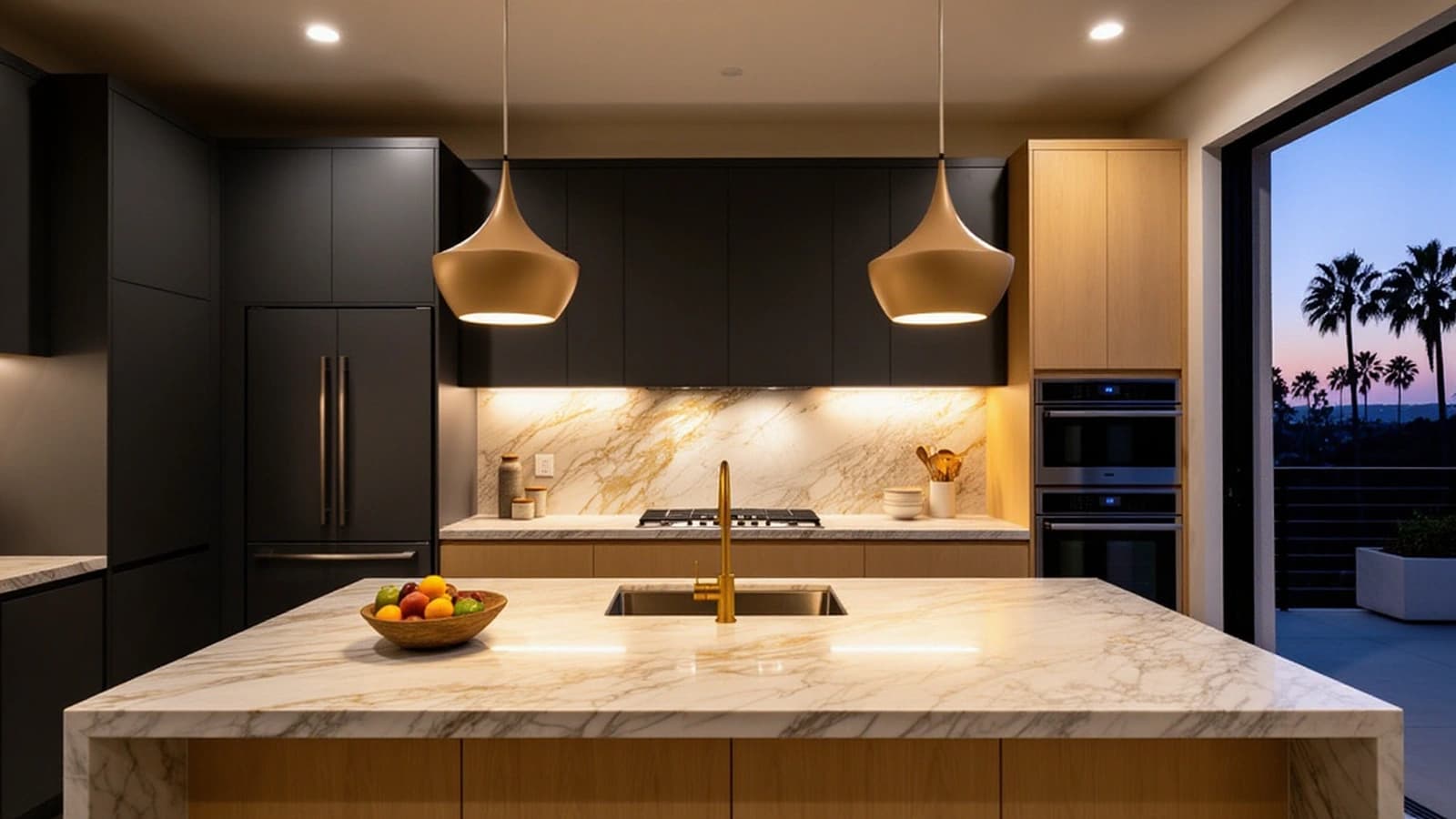 Dramatic luxury kitchen viewed from the living area with a sculptural island and open terrace connection